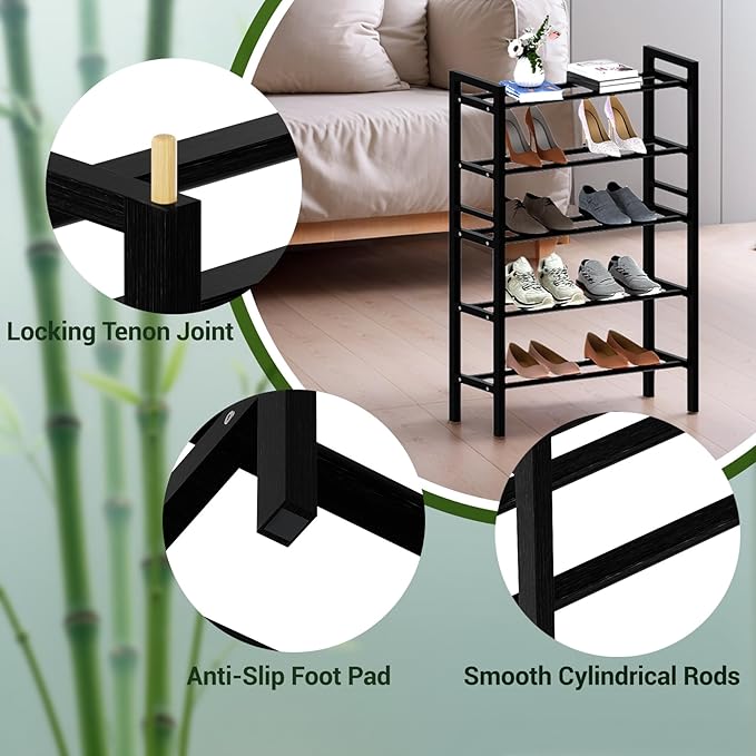 Haddockway Bamboo Shoe Rack for Closet, Free Standing Shoe Organizer with Smooth Round Rods & Convenient Handles, Stackable Shoe Storage Shelf for Entryway, Hallway(Black, 5-Tier)