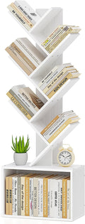 6 Tier Tree Bookshelf, Sturdy Retro Floor Standing Wood Bookcase, Storage Rack for Home Office, Living Room, Bedroom, Reading Spot, Heavy Book Organizer Shelves for CDs/DVDs/Movies, White