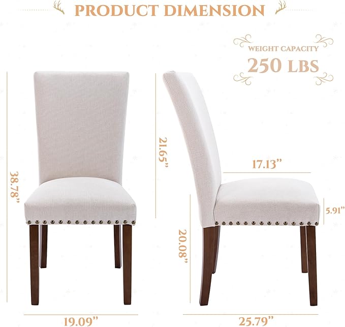 Set of 6 Beige Upholstered Dining Chairs, Farmhouse Kitchen Chairs with High Back, Solid Rubberwood Legs, Comfortable Padded Foam Seat, Bronze Nailhead Trim, Dining Room Chairs for Large Families