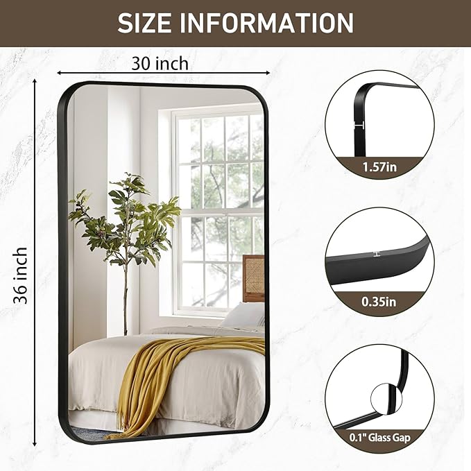 Black Bathroom Mirror, 30x36 Inch Matte Black Mirror, Aluminum Alloy Framed Vanity Mirror, Rounded Rectangle Bathroom Mirror for Over Sink, Anti-Rust Wall Mirror (Horizontally or Vertically)