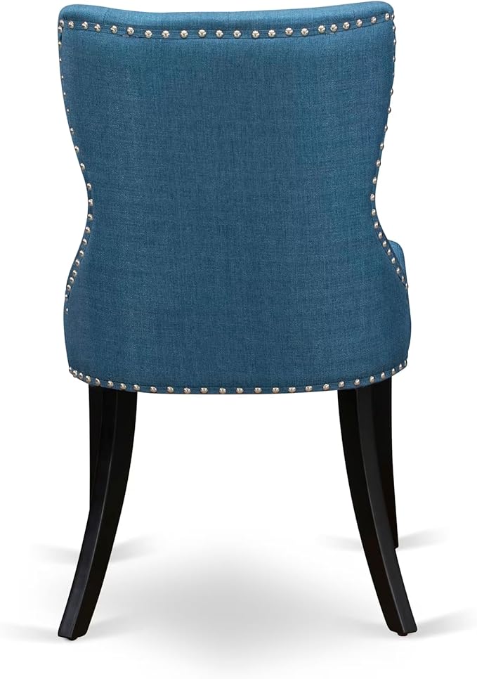 NKSI9-SBB-21-9-Piece Kitchen Table Set Consists of a Dinner Table and 8 Blue Linen Fabric Upholstered Chairs with Button Tufted Back - Sand Blasting Black Finish