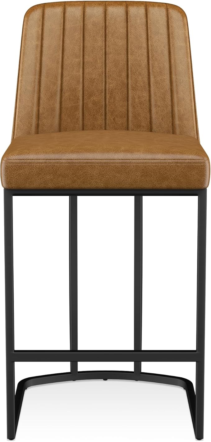 Counter Height Bar Stools Set of 6, Upholstered Leather Barrel Barstools with Back and Metal Legs for Kitchen Island, 27.4" Seat Height, Fabric in Faux Leather, Rustic Brown