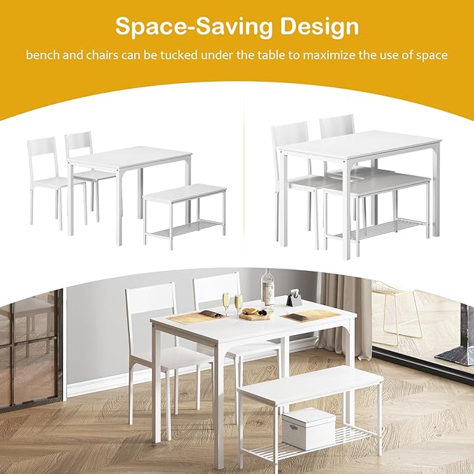 SogesHome Dining Table Set with 2 Chairs and 1 Bench, Bar Set Kitchen Table and Chairs for Dining Room Resturant Bistro Set, Pure White