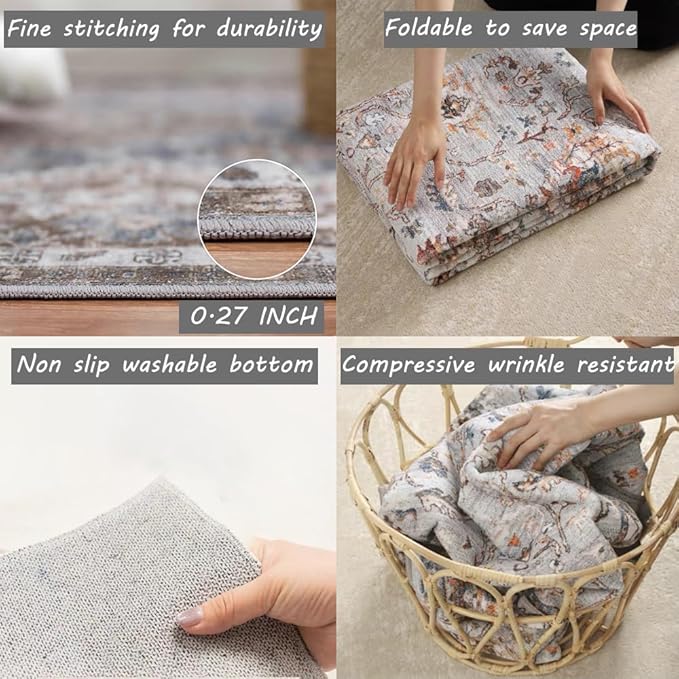 Retro Washable Area Rug 4X6 Washable Living Room Boho Chic Medallion Distressed DesignIndoor Non-Slip Large Accent Throw Rug for Kitchen Bedroom Office Carpet