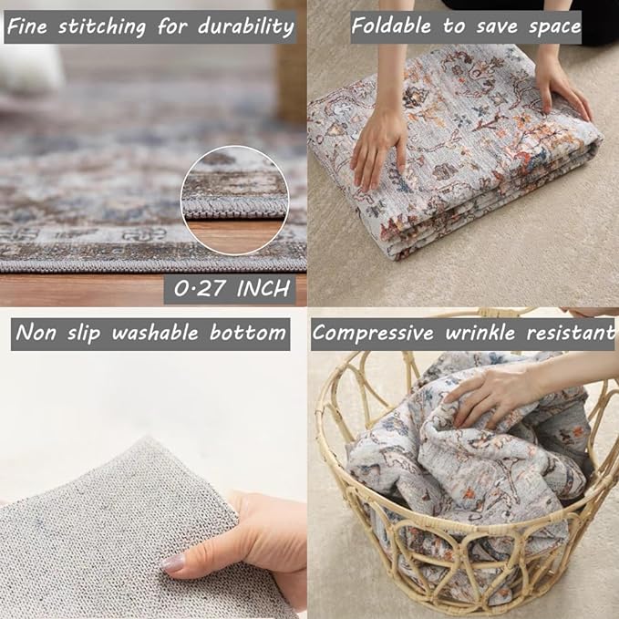 Area Rug 6x9 Washable Rug Brown Grey Vintage Traditional Distressed Thin Retro Kitchen Indoor Floor Cover Non Slip Carpet Floral Print Mat Living Room Bedroom Dining Room