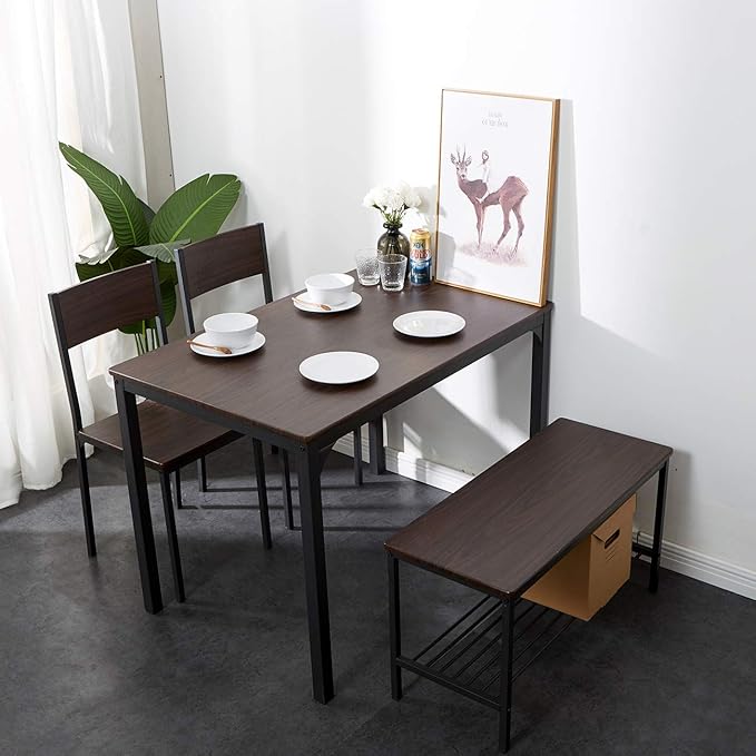 sogesfurniture 4 Piece Dining Table Set, Dining Table Set for 4, Kitchen Dinner Table with Benches for 4, Includes Table, 2 Chairs & Bench, Brown