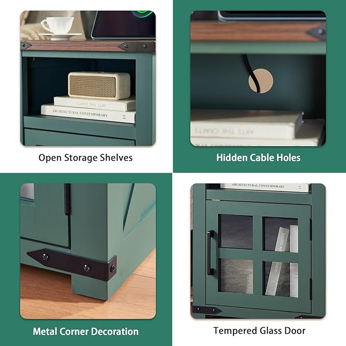 Farmhouse Nightstand with Charging Station, Rustic End Table with Tempered Glass Barn Door, Wood Sofa Side Bedside Table with Open Storage Shelf for Living Room, Bedroom, Green, 2 Pack