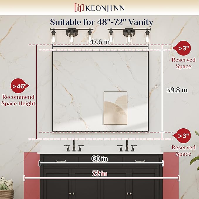 Keonjinn Black Bathroom Mirror 48” x 40” Wall Mirror for Bathroom Vanity Large Metal Frame Rectangle Mirror for Over Sink Rectangular Farmhouse Square Corner Framed Mirror(Horizontal/Vertical)
