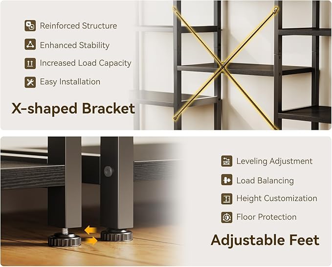 Casaottima Triple 5 Tier Bookshelf, Large Bookcase with 14 Open Display Shelves, Modern Industrial Book Shelves Book Case for Bedroom, Wide Standing Shelving Unit for Living Room Home Office, Black