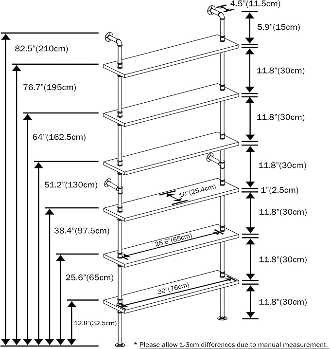 Pipe Shelves, Wall Mounted Wood Metal Industrial Shelves, Ladder Bookshelf for Living Room (White, 10" D x 30" W x 82.5" H)