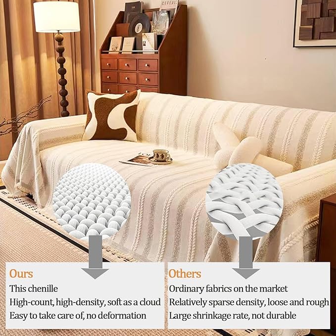 Couch Cover for Dogs Washable Sofa Cover, Sectional Couch Covers, Sofa Covers for 2 Cushion Couch, Non Slip Stripe Sofa Slipcovers Furniture Protector, Couch Protector from Cat Claws, Beige,75''x150''