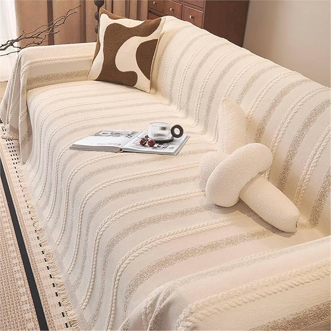 Couch Cover for Dogs Washable Sofa Cover, Sectional Couch Covers, Sofa Covers for 2 Cushion Couch, Non Slip Stripe Sofa Slipcovers Furniture Protector, Couch Protector from Cat Claws, Beige,75''x150''