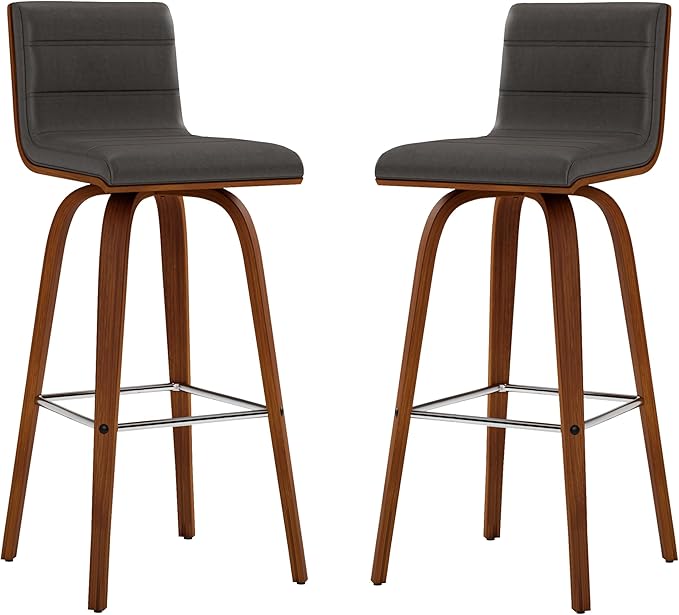 Vienna 30" Swivel Bar Stool in Walnut Wood Finish with Gray Faux Leather - Set of 2