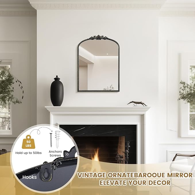 WallBeyond Gold Vintage Mirror for Vanity 22x30 Inch, Black Antique Mirror with Ornate Frame, Arched Vintage Wall Mirror for Bathroom, Living Room, Fireplace, Entryway