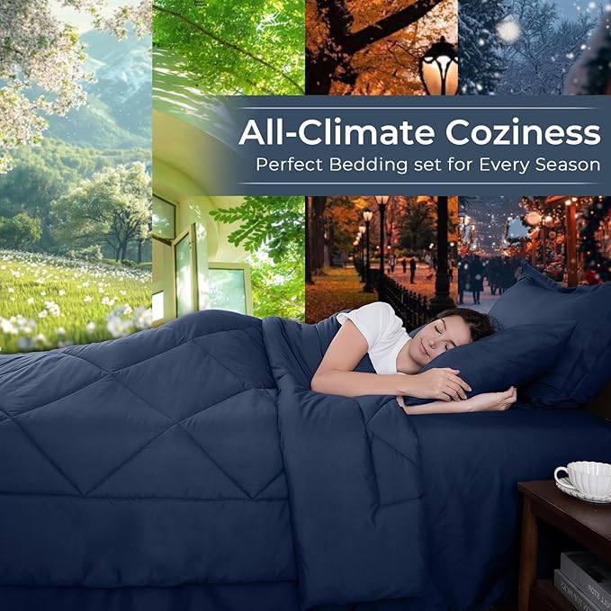 HEVUMYI Navy Blue Cali-King Comforter Set - 7-Piece All Season Bed in a Bag Cali-King, Ultra Soft Bedding Set with Comforter, Flat Sheet, Fitted Sheet, Pillowcases, Pillow Shams, Navy Blue