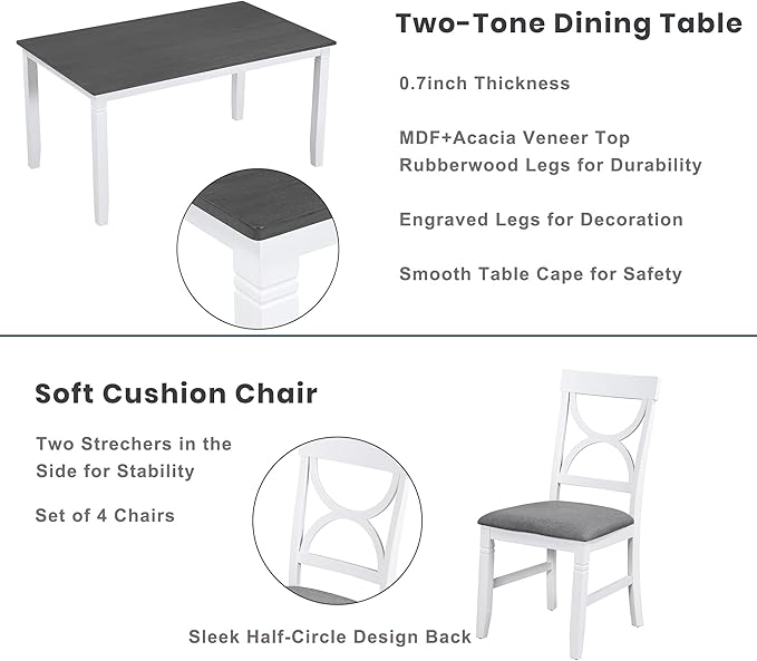 Ball & Cast 6 Piece Wood Dining Table Set,Kitchen Table Set with Upholstered Bench and 4 Dining Chairs,Farmhouse Living Room Furniture w/Carved Legs & Round Backrest,for Dining Room,Gray+White