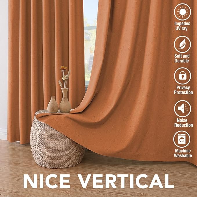 H.VERSAILTEX 100% Blackout Curtains for Bedroom Thermal Insulated Linen Textured Curtains Heat and Full Light Blocking Drapes Living Room Curtains 2 Panel Sets, Orange, 52x108 Inch