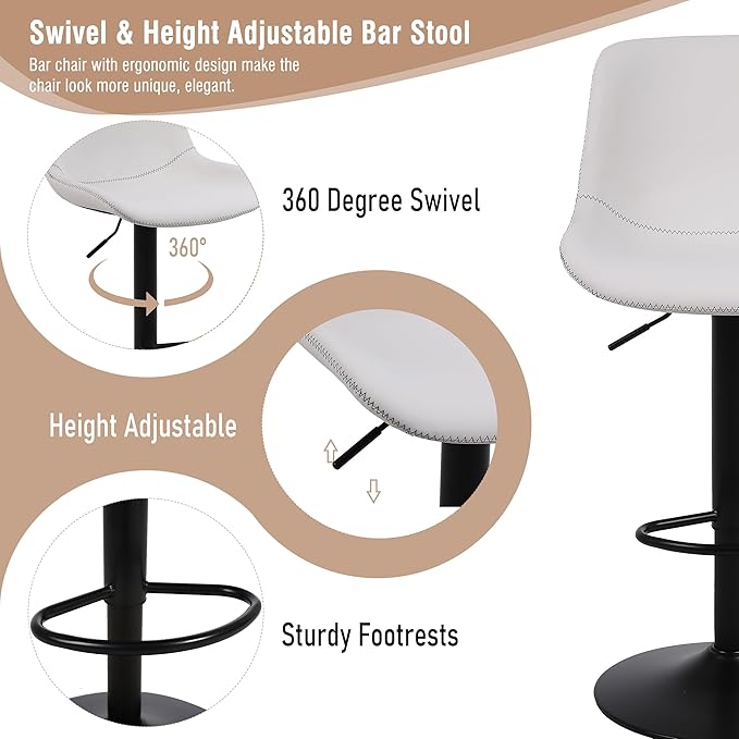 Bar Stools, Swivel Counter Height Barstools with Back, Adjustable Modern Bar Chairs, Tall Armless PU Leather Kitchen Island Stool (White, Set of 4)
