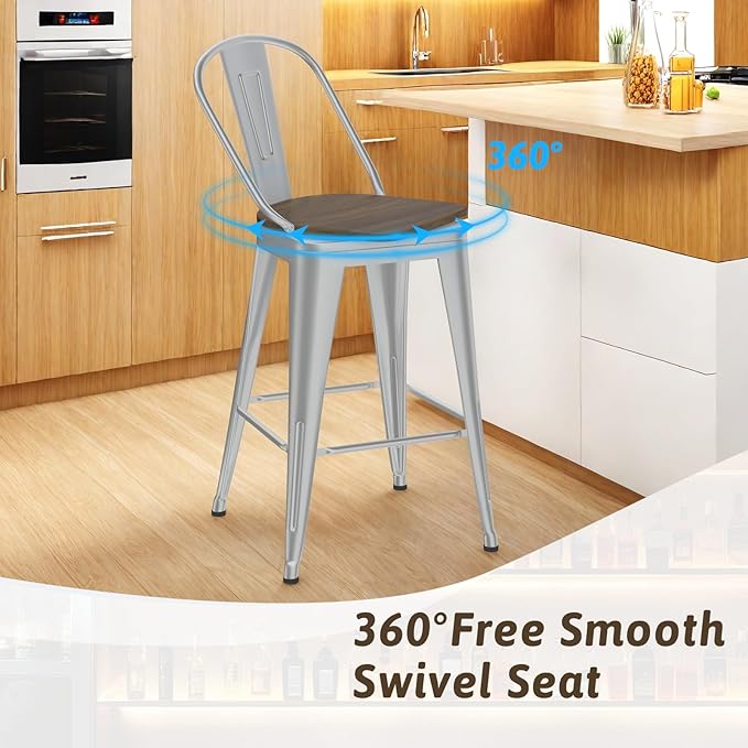 30” Swivel Bar Stools Set of 4, Counter Height Bar Stools Wooden Seat, Metal Industrial Bar Chairs with High Back for Kitchen Island (Silver)