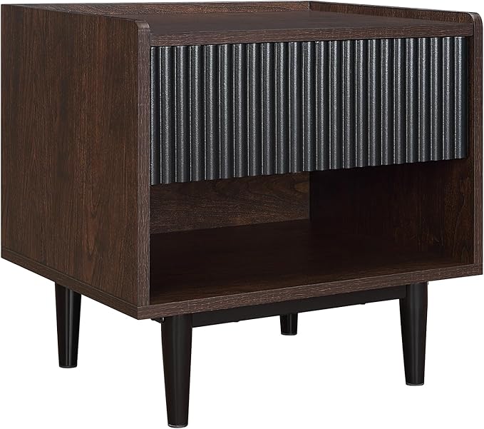 Manhattan Comfort Duane Modern Ribbed Nightstand, Bedside Table with Full Extension Drawer and Open Shelf, Industrial Chic Living Room and Bedroom Furniture, Black