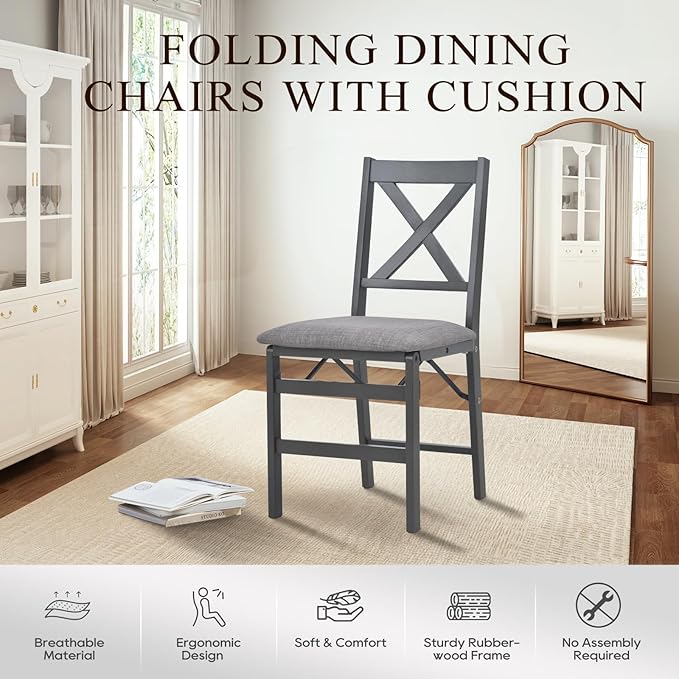 COLAMY Folding Dining Chairs Set of 2 – Dark Grey Upholstered Dining Room Chairs with Wooden Frame, Pre-Assembled, Space Saving Modern Kitchen & Dining Room Furniture for Small Spaces