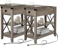 Narrow End Table with Charging Station - Farmhouse Slim Side Table Set of 2, w/USB Ports Power Outlets, Nightstand w/Flip Top Storage Drawer, for Small Spaces Living Room Bedroom, Gray