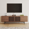 POVISON Full Assembled Mid-Century Modern TV Stand with Slatted Doors, Wood Media Console for 65-75 Inch TV, TV Console with Tall-cast Metal Legs, Entertainment Center with Storage for Living Room