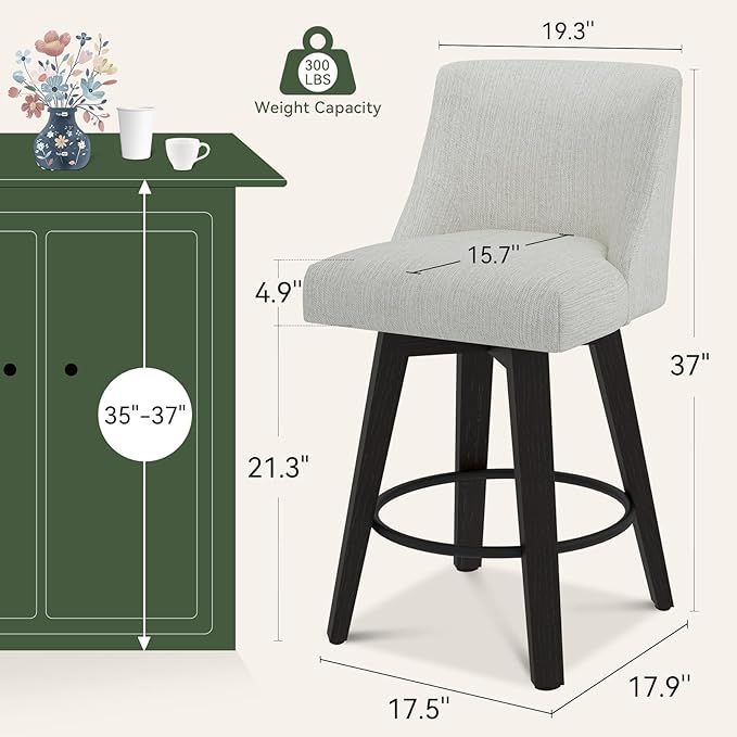 Vipbear Swivel Counter Height Bar Stools Set of 2,26.8" H Counter Stools with Back, Mid Century Modern Bar Stools for Kitchen Island,Linen Fabric,Wooden Base, White
