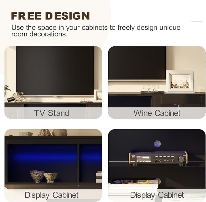 4-Piece Wall Unit TV Stand with Storage & LED Lights for TVs up to 75", Modern Entertainment Center with Bookshelves & 6-Door Pantry Cabinet, Black