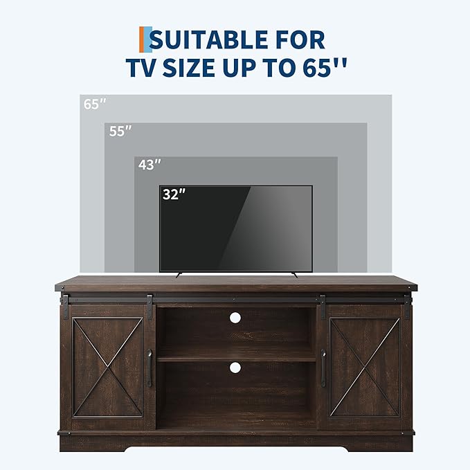 GarveeHome Farmhouse TV Stand for TV up to 65 Inches and Entertainment Center with Sliding Barn Doors and Adjustable Shelf, Tv Media Console Table with Storage Cabinet for Living Room, Bedroom, Brown