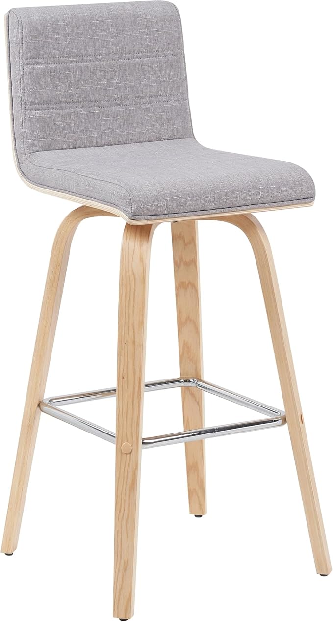 Vienna Modern Swivel Bar Height Stool with Grey Upholstered Seat and Patterned Oak Wood Frame Set of 2