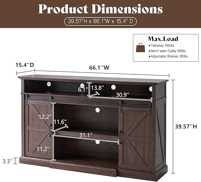 66" Farmhouse TV Stand for 75 Inch TVs, 40" Tall Entertainment Center with Sliding Barn Doors, Rustic Media Console Table Storage Cabinet with Adjustable Shelves, Living Room, Sawdust Brown