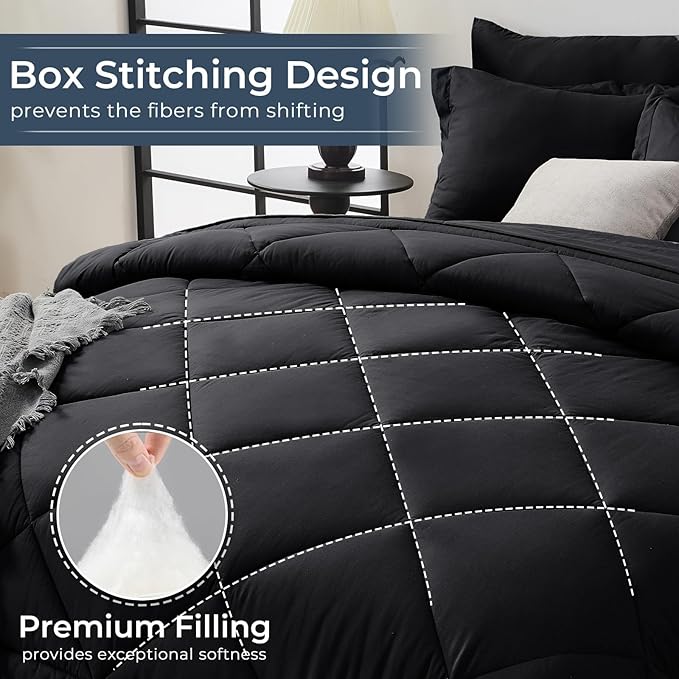 HEVUMYI Black Twin-XL Comforter Set - 5-Piece All Season Bed in a Bag Twin-XL, Ultra Soft Bedding Set with Comforter, Flat Sheet, Fitted Sheet, Pillowcases, Pillow Shams, Black