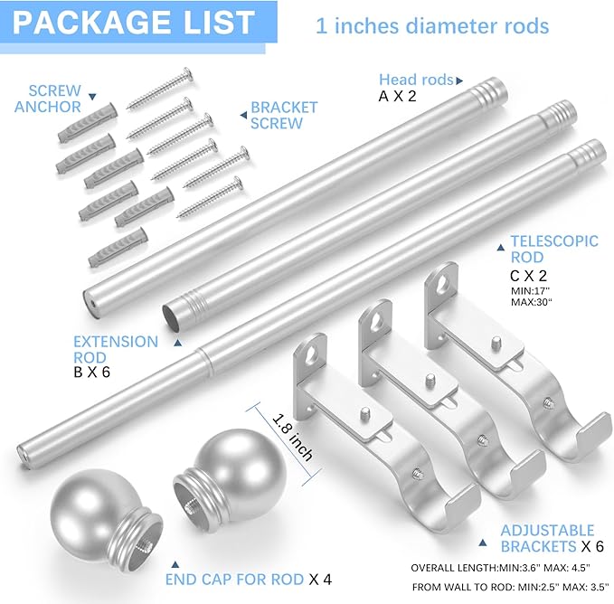 Curtain Rods for Windows 16 to 76 Inches, Curtain Rod Max Adjustable Length of 88 IN, 1" Diameter Drapery Rods Round Finials, Satin Silver, Pack of 2