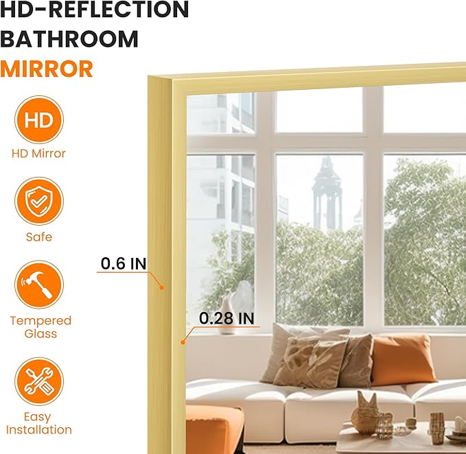 Bathroom Vanity Mirror for Wall, 20" x 30" Metal Framed Rectangular Bathroom Wall Mirror for Over Sink, HD Shatterproof Glass, Hangs Horizontally or Vertically(Gold)