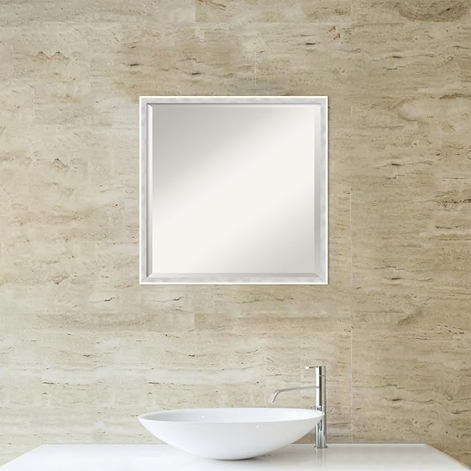 Amanti Art White Bathroom Mirror for Over Sink, 21x21 Paige White Silver Square Vanity Mirror, Medium Modern Contemporary Wood Frame, Hangs Horizonally and Vertically, Bathroom Wall Decor, Beveled
