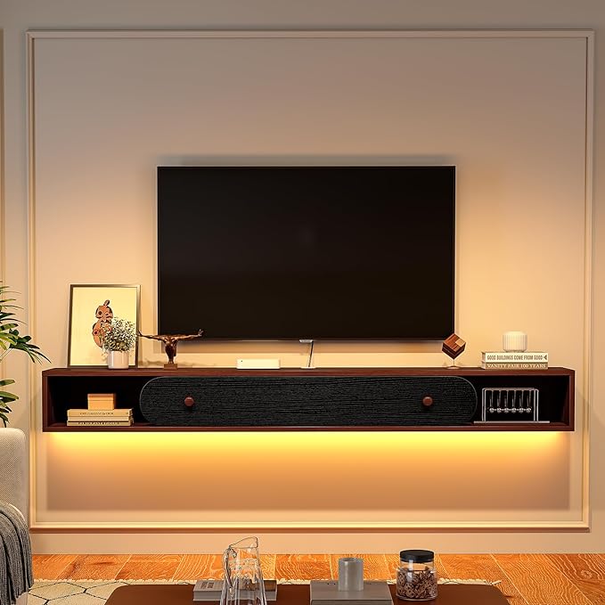 Floating TV Stand Wall Mounted 70'', Modern Media Console with 2 Open Cabinets and 1 Door,Wall Mount TV Console for Living Room Bedroom,Walnut and Black