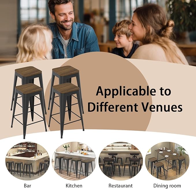 26 inch Backless Bar Stools Set of 4, Indoor Metal Bar Stools with Wood Seat, Industrial Counter Height Barstools for Kitchen Island, Black