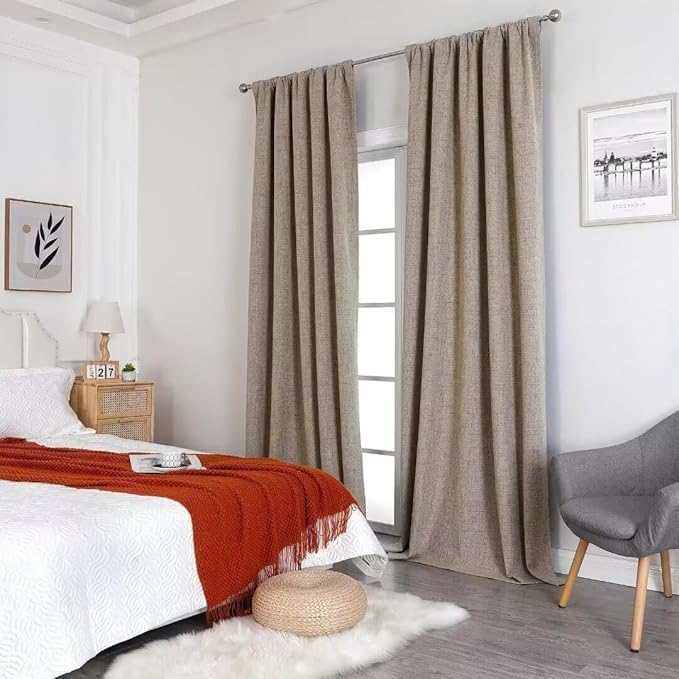 Joydeco Natural Linen Curtains 96 inch Length 2 Panels Set Burg 100% Blackout Patio Door Curtain Room Darkening Sliding Door Curtains Thermal Insulated Back tab Rod Pocket(105x96 inch, Linen)