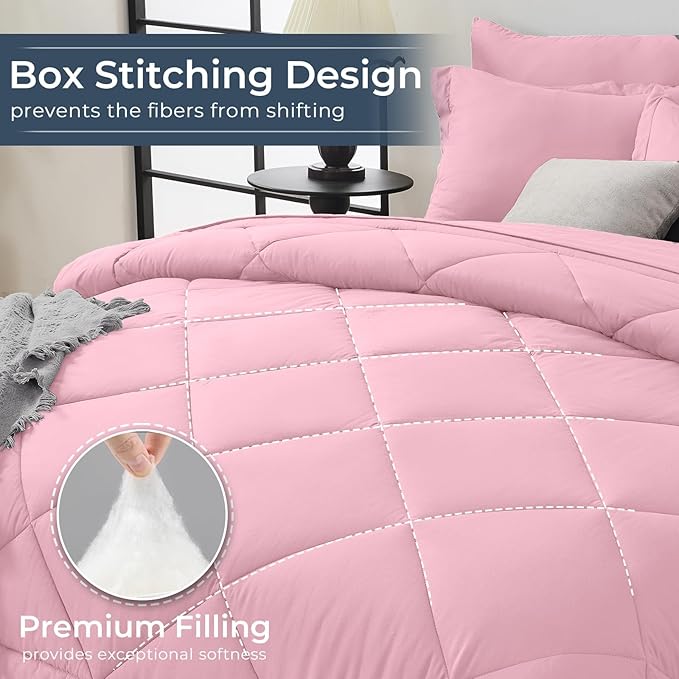 HEVUMYI Pink Twin-XL Comforter Set - 5-Piece All Season Bed in a Bag Twin-XL, Ultra Soft Bedding Set with Comforter, Flat Sheet, Fitted Sheet, Pillowcases, Pillow Shams, Pink