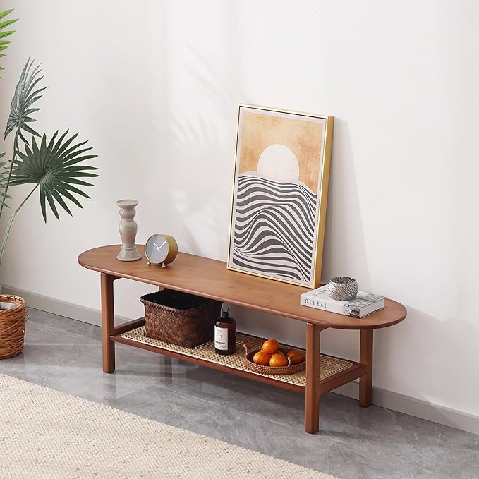 Tiita Bamboo TV Stand with Storage for TV up to 65 inch, Bamboo Rattan TV Console Entertainment Center with 2 Open Shelf, Mid Century Modern Media Console for Living Room, Bedroom, Walnut