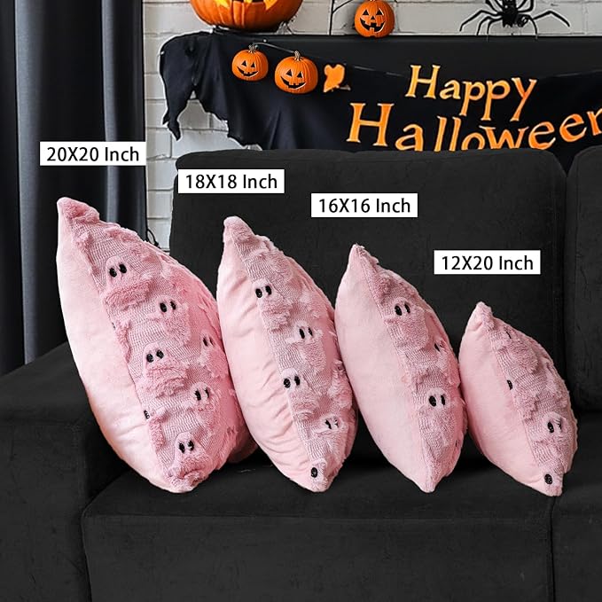 4TH Emotion Halloween Ghost Decorative Pillow Covers 18x18 Set of 2, Pink Soft Plush Faux Fur Farmhouse Throw Cushion Cases for Fall Autumn Holiday Home Decorations