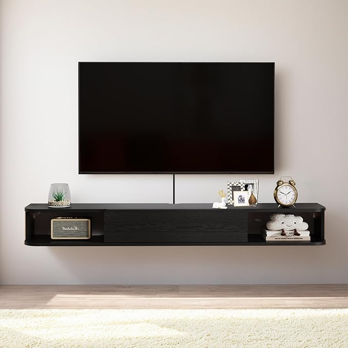 Pmnianhua Floating TV Stand with Drawer,74'' Wall-Mounted TV Cabinet,Floating TV Console,Under TV Entertainment Shelf with Storage for Bedroom Living Room(Black)