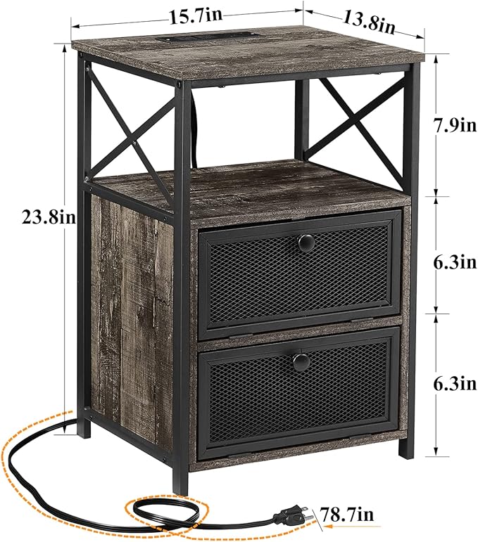 VECELO Oak Gray End Table with USB Ports and Outlets,24 Inch Nightstands with Charging Station and Storage Shelf for Bedroom,Living Room, 1 Set