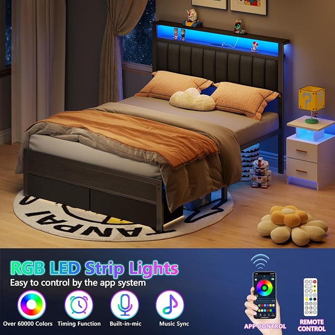 Furnulem Queen Bed Frame with Charging Station and LED Lights, Grey Upholstered Headboard with Shelves, Metal Platform Bed with 2 Under-Bed Storage (Fabric Drawer on Wheels), No Box Spring Needed