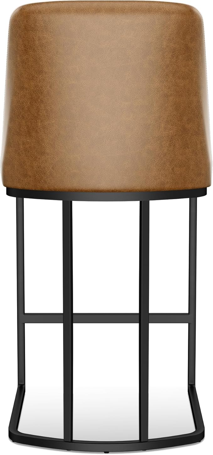 Counter Height Bar Stools Set of 4, Upholstered Leather Barrel Barstools with Back and Metal Legs for Kitchen Island, 27.4" Seat Height, Fabric in Faux Leather, Rustic Brown