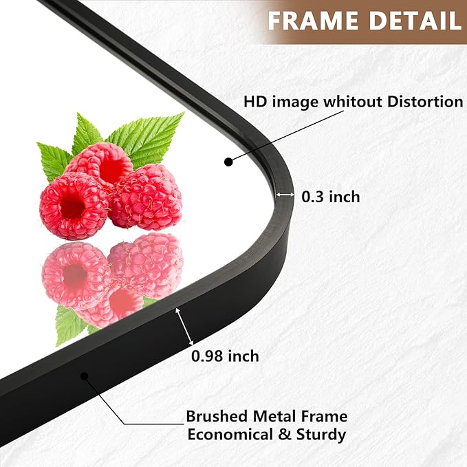 Matte Black Mirror, 20"x30" Rectangle Bathroom Mirror, Metal Frame Rectangle Corner Vanity Mirror, Wall Mounted Mirror for Modern, Living Room, Bedroom, Horizontal Or Vertical