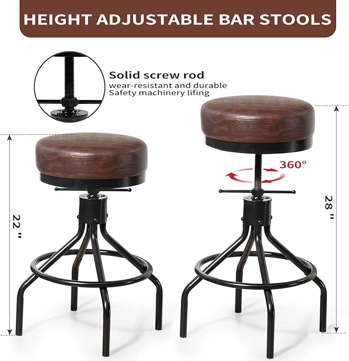 Counter Height Bar Stools Set of 3 Adjustable Swivel Barstools Industrial Modern PU Leather 28inch Round Backless Counter Height Stool Metal Bar Chair for Kitchen Island (3, Walnut)