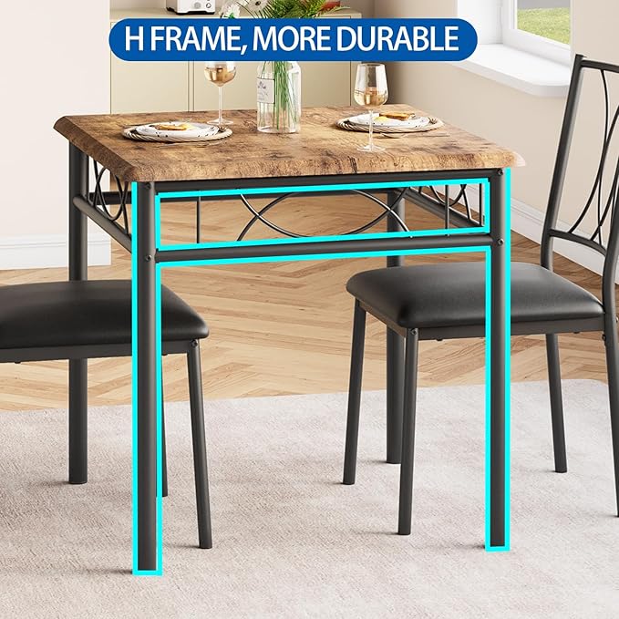 GarveeHome Small Dining Table Set for 2, Square Table and Chairs Set of 2, 3 Piece Kitchen Table Set of 2 with Upholstered Chairs, Dinner Table Set for 2 for Small Spaces, Apartment, Rustic Brown
