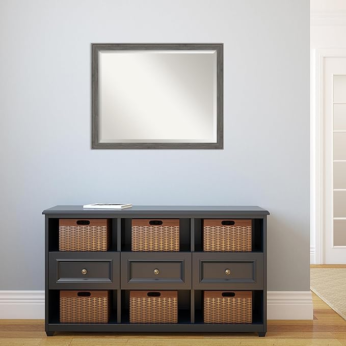 Amanti Art Grey Wall Mirror 25x31 Regis Barnwood Grey Narrow Rectangle Bathroom Mirror for Wall Decor Living Room, Large Country Rustic Wood Frame, Hangs Horizonally and Vertically, Bathroom Decor,